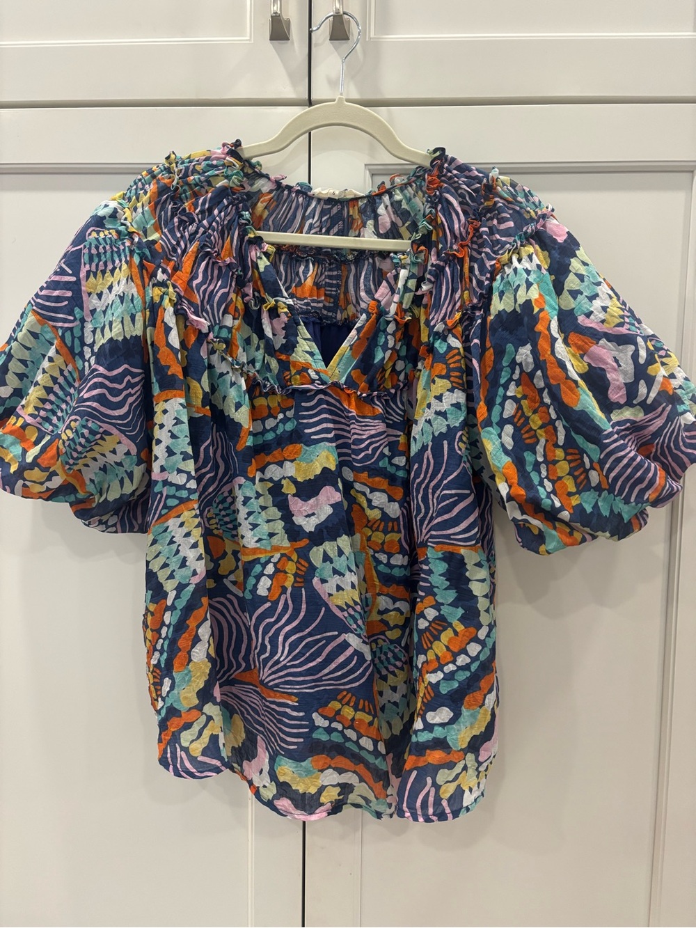 entro Multicolor Patterned Puff-Sleeve Blouse in Navy, Teal, Orange & Lilac
